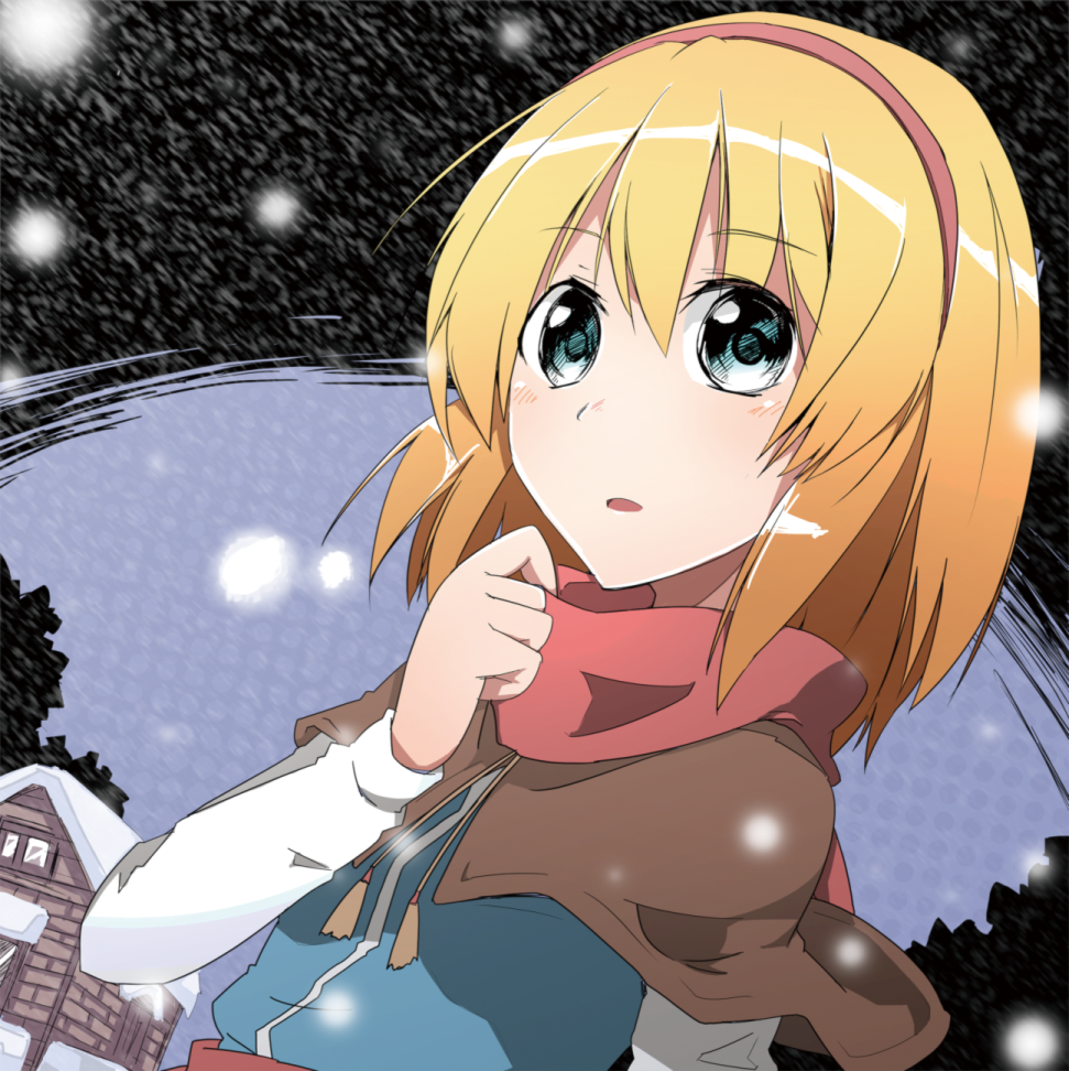 1girl alice_margatroid black_background blonde_hair blue_background blue_dress blue_eyes brown_capelet capelet clenched_hand comiket_83 commentary_request dress hairband hand_up house light_frown long_sleeves looking_at_viewer open_mouth outdoors red_hairband red_sash red_scarf sash scarf shirt short_hair simple_background snowing solo taniya_raku tassel touhou tree two-tone_background upper_body waist_sash white_shirt white_sleeves