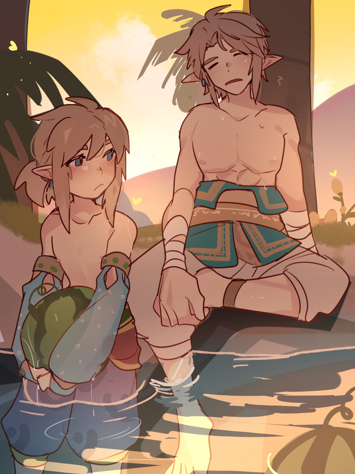 2boys abs barefoot bishounen blue_eyes bridal_gauntlets brown_hair detached_sleeves dual_persona earrings evening exhausted food fruit gerudo_set_(zelda) harem_pants highres in-franchise_crossover jewelry link looking_at_another multiple_boys muscular muscular_male nipples official_alternate_costume palm_tree pants partially_submerged pectorals pointy_ears ponytail shade short_ponytail suikaels sweat the_legend_of_zelda the_legend_of_zelda:_breath_of_the_wild the_legend_of_zelda:_twilight_princess topless_male tree water watermelon wet