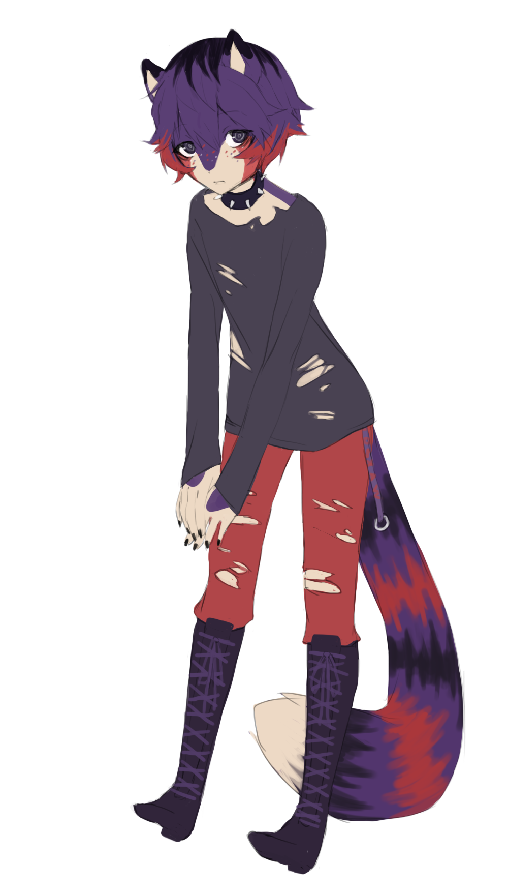 2019 ailurid ambiguous_gender anthro black_boots black_clothing black_collar black_ears black_footwear black_hair black_tail boots bottomwear clothing collar colored_nails digital_media_(artwork) footwear full-length_portrait fur grey_clothing grey_shirt grey_topwear hair hi_res humanoid_hands mammal markings multicolored_body multicolored_ears multicolored_fur multicolored_hair multicolored_tail nails pants portrait purple_body purple_ears purple_fur purple_hair purple_nails purple_tail red_body red_bottomwear red_clothing red_fur red_hair red_panda red_pants red_tail ring_(marking) ringed_tail rofortyseven shirt short_hair simple_background solo spiked_collar spikes striped_markings striped_tail stripes tail tail_markings tan_body tan_fur tan_inner_ear tan_tail topwear torn_bottomwear torn_clothing torn_pants torn_shirt torn_topwear two_tone_ears white_background