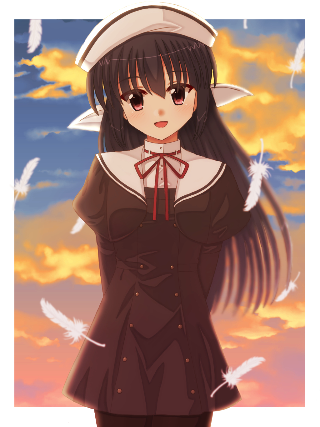 1girl :d amamiya_yuuko arms_behind_back black_dress black_hair blurry blush border commentary cowboy_shot depth_of_field dress dusk ef eyes_visible_through_hair hair_between_eyes hair_ribbon hat highres juliet_sleeves long_hair long_sleeves looking_at_viewer mahigu_re neck_ribbon open_mouth outdoors puffy_sleeves red_eyes red_ribbon ribbon sailor_collar sailor_hat school_uniform short_dress smile solo straight-on straight_hair white_border white_headwear white_ribbon white_sailor_collar