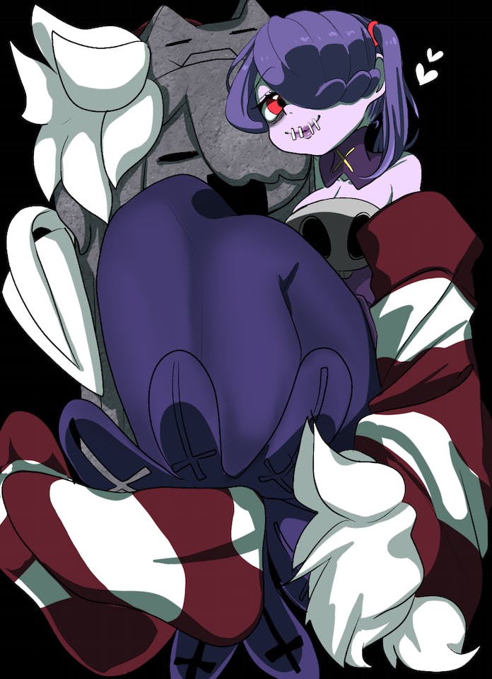 1girl bare_shoulders black_background blue_hair bone breasts cleavage closed_mouth colored_skin commentary_request commission detached_collar detached_sleeves dress feet hair_over_one_eye heart iv_exe large_breasts leviathan_(skullgirls) lips long_hair long_skirt no_shoes object_through_head purple_dress purple_skin red_eyes red_sleeves red_socks side_ponytail simple_background skeb_commission skirt skull skullgirls sleeves_past_fingers sleeves_past_wrists smile socks solo squigly_(skullgirls) stitched_mouth stitches striped_clothes striped_sleeves striped_socks tombstone white_sleeves white_socks zombie
