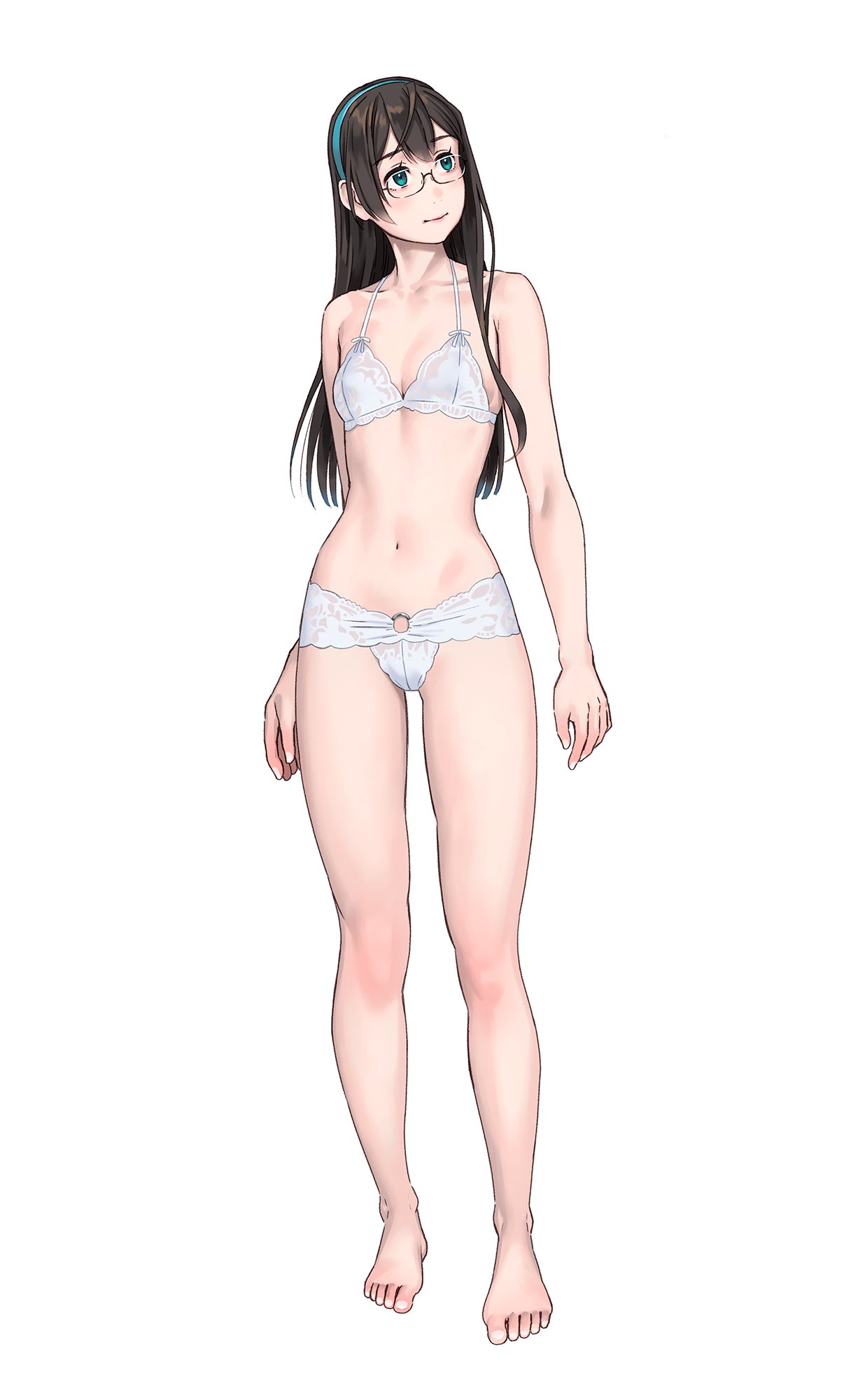 1girl bare_legs bare_shoulders barefoot black_hair blush bra breasts closed_mouth commentary_request full_body glasses highres kantai_collection lace-trimmed_bra lace-trimmed_panties lace_trim long_hair looking_to_the_side navel o-ring o-ring_bottom ooyodo_(kancolle) panties simple_background small_breasts smile solo standing stomach underwear underwear_only white_background white_bra white_panties yuuji_(and)