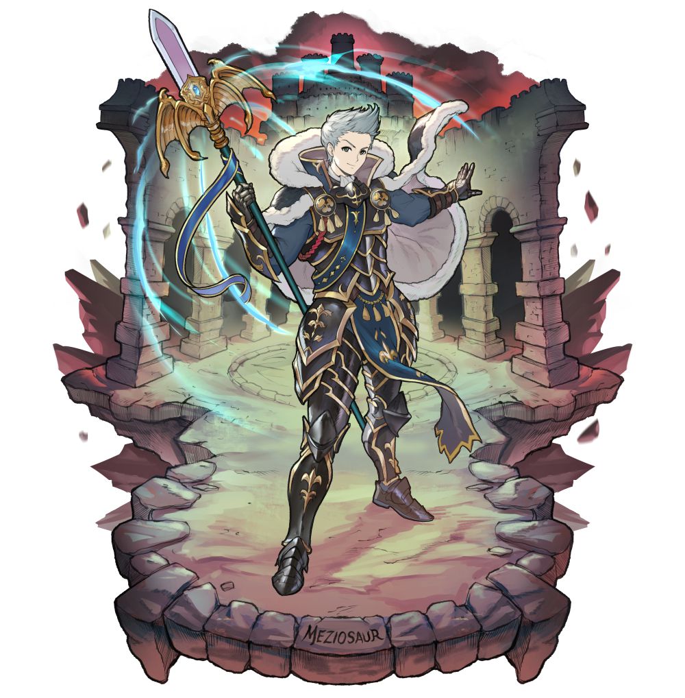 1boy alternate_costume armor collared_cape fire_emblem fire_emblem_fates full_body grey_hair holding holding_polearm holding_weapon lance male_focus meziosaur polearm quiff silas_(fire_emblem) solo weapon