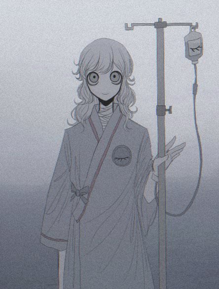 1girl alternate_costume asymmetrical_bangs bag bandaged_chest bandaged_neck bandages blue_bow bow buttons curly_hair dress eye_print grey_eyes holding hospital_gown intravenous_drip iv_stand komeiji_koishi long_sleeves looking_at_viewer messy_hair n0een pin simple_background smile third-party_source touhou white_hair