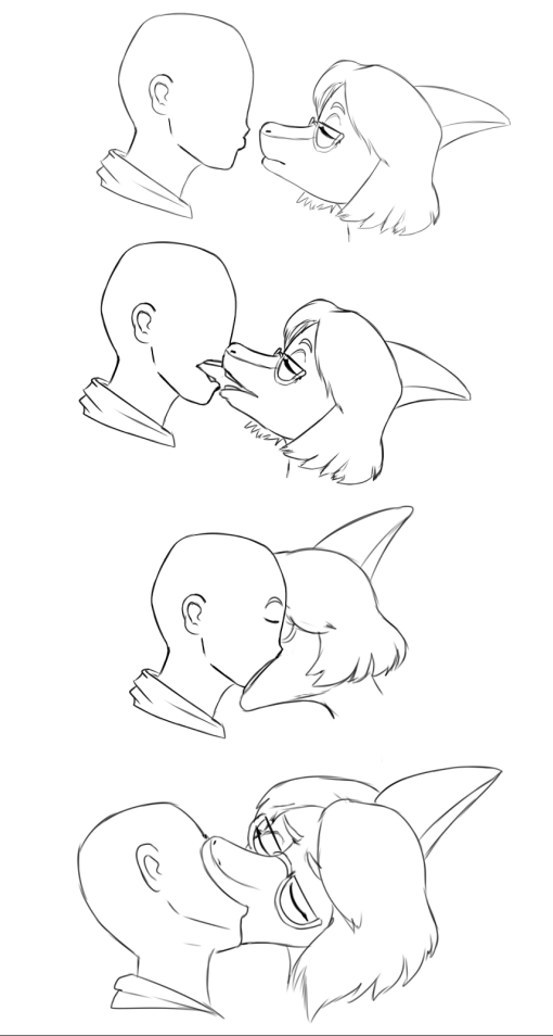 2024 anon_(snoot_game) anthro bald black_and_white dinosaur duo eyes_closed eyewear female female_on_human glasses goodbye_volcano_high hadrosaurid hair human human_on_anthro interspecies kissing male male/female male_on_anthro mammal monochrome naomi_(gvh) ornithischian parasaurolophus prometheuzone reptile scalie short_hair sketch snoot_game snout teeth