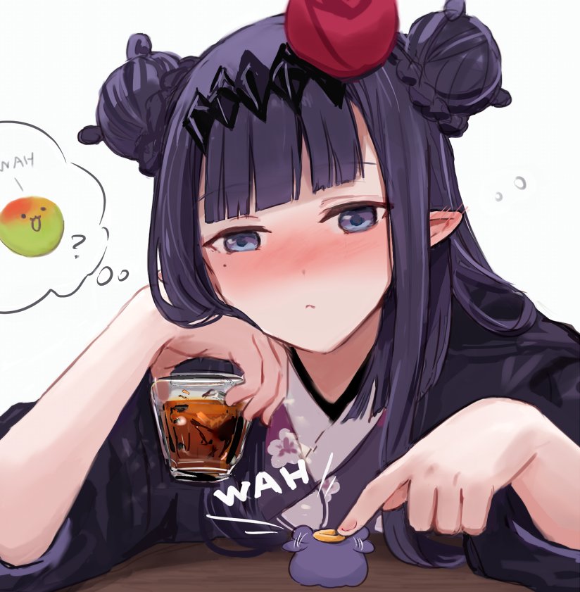 1girl ? alcohol blunt_bangs blush braid braided_bun closed_mouth cup double_bun drunk ear_blush floral_print flower hair_bun hair_flower hair_ornament halo hands_up haori holding holding_cup hololive hololive_english japanese_clothes kimono light_frown long_hair long_sleeves looking_at_another looking_down mole mole_under_eye ninomae_ina'nis ninomae_ina'nis_(new_year) nose_blush official_alternate_costume official_alternate_hairstyle pointy_ears poking print_kimono purple_eyes purple_hair purple_kimono red_flower sidelocks simple_background sleeves_rolled_up squeans table takodachi_(ninomae_ina'nis) thought_bubble upper_body virtual_youtuber wah white_background yuuyu_(777)