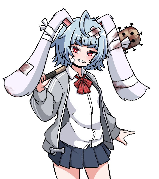 1girl :3 ahoge animal_ears bandaged_ear bandages baseball_bat blood blood_on_bandages blouse blue_hair blue_skirt blunt_bangs bow bowtie cowboy_shot evil_grin evil_smile grin indie_virtual_youtuber ink_(inksgirls) light_blue_hair lop_rabbit_ears nail nail_bat open_clothes para_(vtuber) para_(vtuber)_(3rd_costume) pink_sweater plaid plaid_bow plaid_bowtie pleated_skirt rabbit_ears red_eyes shirt short_hair skirt smile sweater thick_eyebrows tsurime virtual_youtuber white_background white_shirt