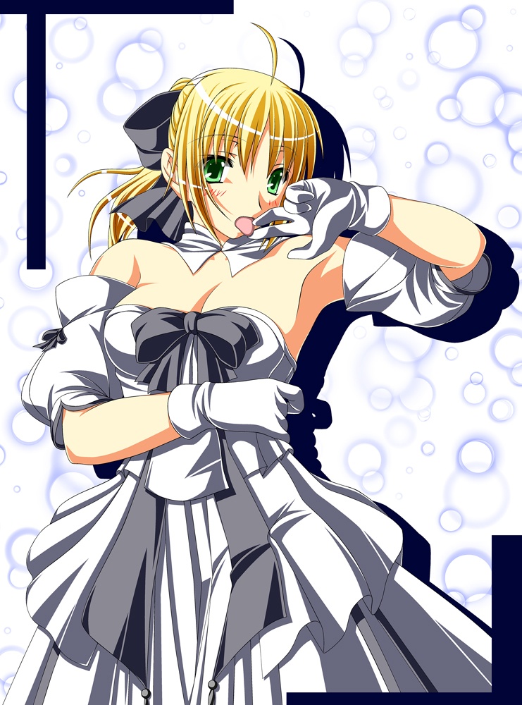 ahoge armpits artoria_pendragon_(all) bare_shoulders blonde_hair bow breasts bubble cleavage dress fate/stay_night fate/unlimited_codes fate_(series) gloves green_eyes hair_bow hiya medium_breasts ponytail ribbon saber saber_lily solo tongue