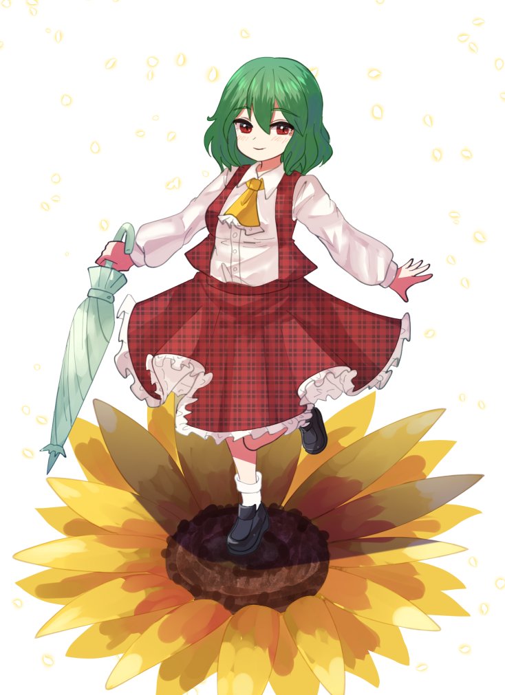 1girl ascot closed_mouth closed_umbrella flower frilled_ascot frilled_skirt frills green_hair kazami_yuuka long_sleeves medium_hair open_clothes open_vest parasol plaid plaid_skirt plaid_vest plus2sf puffy_sleeves red_eyes red_skirt red_vest shirt simple_background skirt skirt_set smile solo standing standing_on_one_leg sunflower touhou umbrella vest white_background white_shirt