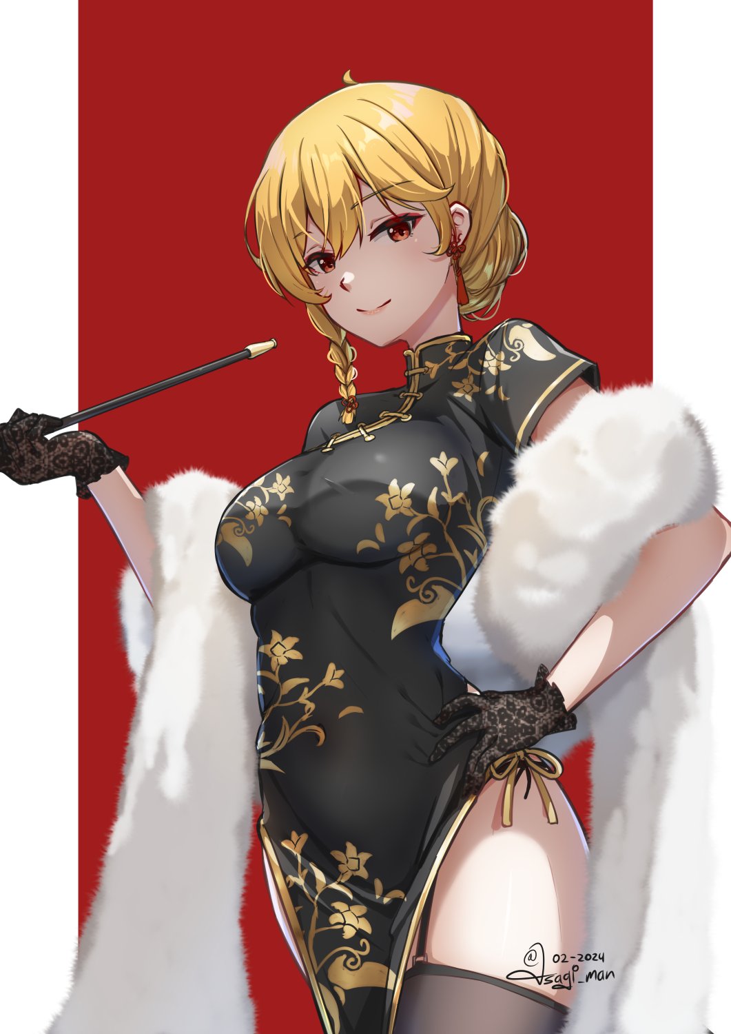 1girl as4gi blonde_hair braid breasts china_dress chinese_clothes dress gloves hair_bun hand_on_own_hip highres holding holding_smoking_pipe hololive hololive_indonesia kaela_kovalskia looking_at_viewer medium_hair red_eyes single_braid smile smoking_pipe solo thighhighs virtual_youtuber