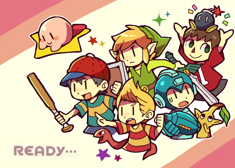 5boys :&lt; android animal_crossing arm_cannon armor arms_up baseball_bat baseball_cap belt belt_buckle black_eyes black_shorts blonde_hair blue_armor blue_shirt blue_shorts blue_sleeves blush_stickers bob-omb bomb brown_belt buckle clenched_hand closed_mouth colored_skin commentary_request cropped_legs cropped_torso english_text explosive frown green_eyes green_headwear green_shirt green_sleeves green_tunic hat holding holding_baseball_bat holding_own_arm holding_shield holding_sword holding_weapon kirby kirby_(series) leaf link long_sleeves looking_ahead looking_at_another looking_at_viewer looking_up lucas_(mother_3) lying male_focus mario_(series) master_sword mega_man_(character) mega_man_(series) mother_(game) multiple_boys ness_(mother_2) no_mouth notice_lines object_on_head on_stomach pikmin_(creature) pikmin_(series) pink_skin pointing pointing_forward pointy_ears pointy_hair red_footwear red_headwear red_shirt red_sleeves shield shirt shoes short_sleeves shorts simple_background snake solid_oval_eyes sparkle star_(symbol) striped_clothes striped_shirt super_smash_bros. sweatdrop sword t-shirt teeth teijiro the_legend_of_zelda toon_link triangle_nose two-tone_shirt upper_teeth_only v-shaped_eyebrows villager_(animal_crossing) weapon white_background yellow_pikmin yellow_shirt yellow_skin