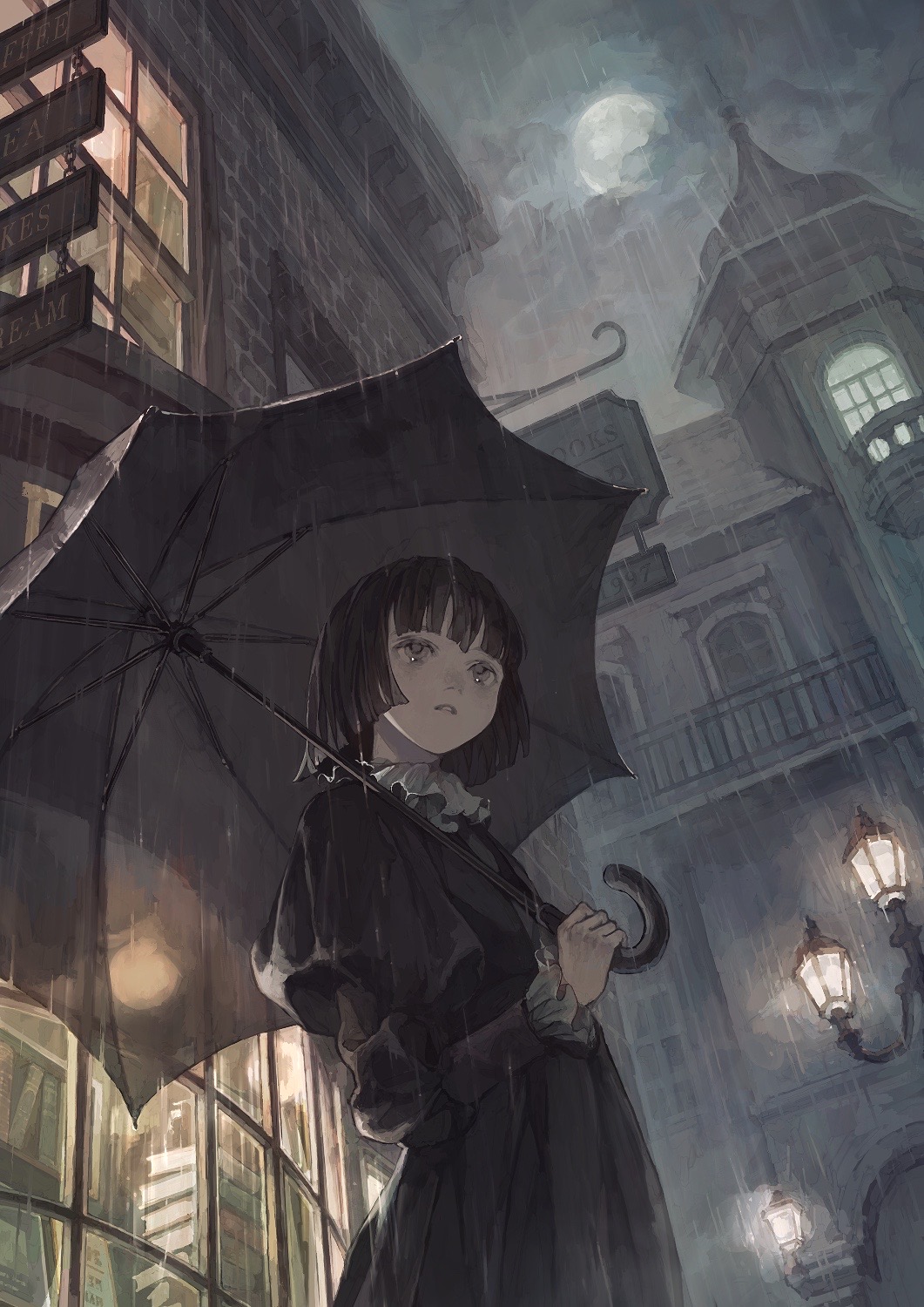 1girl black_dress black_hair black_umbrella bob_cut cityscape cloud commentary dress european_architecture expressionless frilled_dress frilled_sleeves frills from_below highres holding holding_umbrella hotatenshi light long_sleeves moon night original outdoors over_shoulder pole rain solo teeth umbrella umbrella_over_shoulder