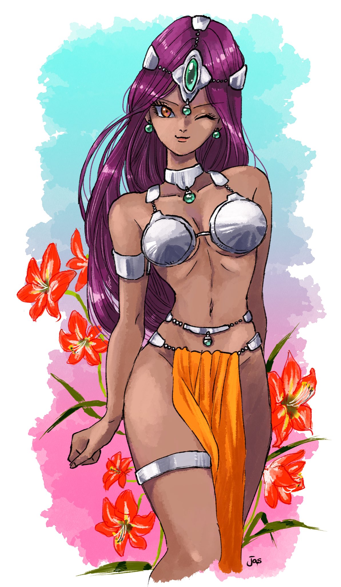 1girl bare_shoulders blue_background border breasts closed_mouth collarbone commentary_request dark-skinned_female dark_skin dragon_quest dragon_quest_iv eyelashes flower gradient_background highres jas_(jasjasjasart) long_hair manya_(dq4) navel one_eye_closed orange_eyes pelvic_curtain pink_background purple_hair red_flower smile solo standing thighlet two-tone_background white_border