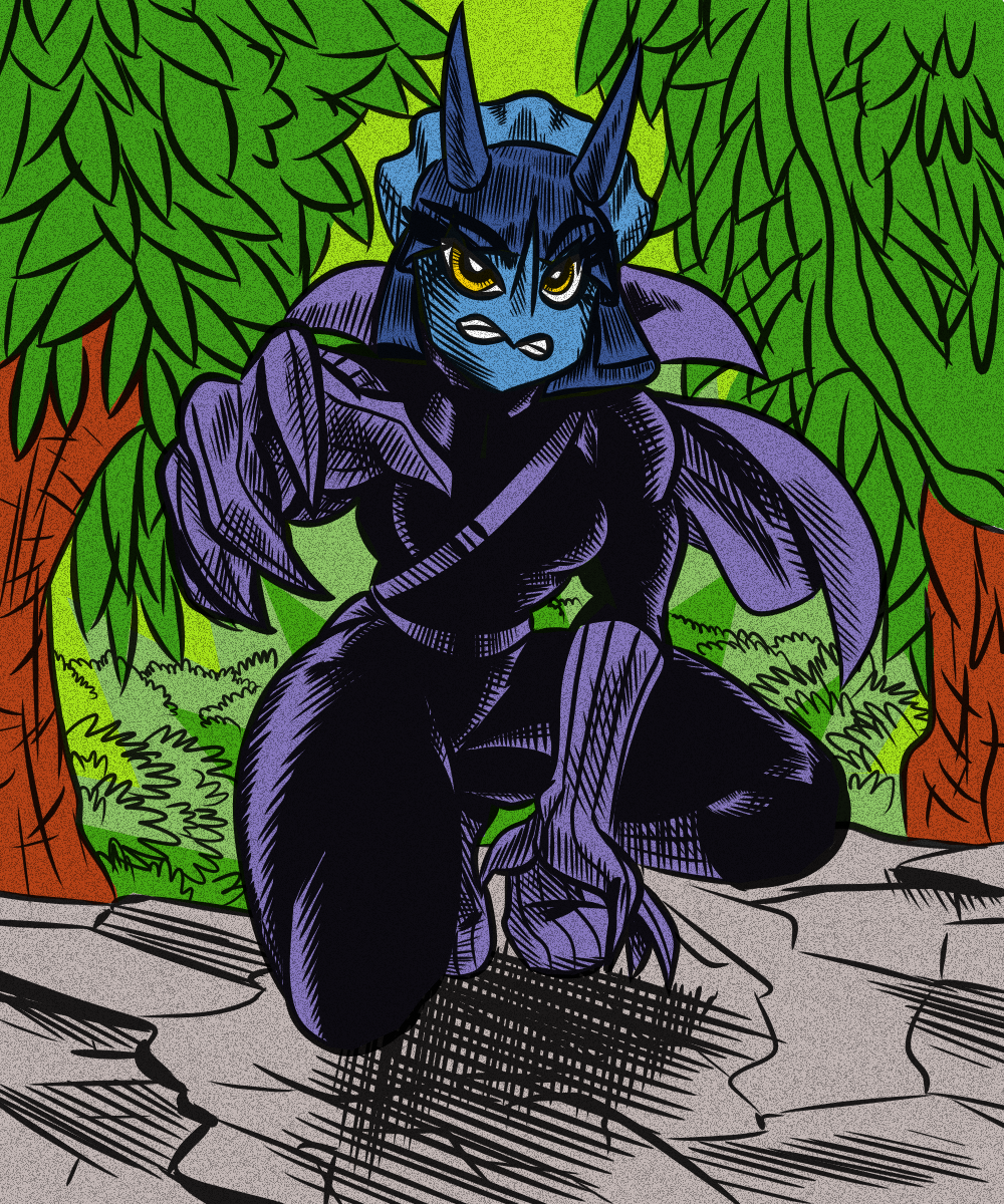 2024 3_horns 5:6 5_fingers anthro banco black_panther_(character) black_panther_(marvel) blue_body blue_hair blue_scales bodysuit cape ceratopsian clawed_fingers claws clothing cosplay crossover crossover_cosplay crouching detailed_background digital_drawing_(artwork) digital_media_(artwork) dinosaur eyelashes female fingers forest forest_background frill_(anatomy) gloves hair handwear hi_res horn marvel multi_horn nature nature_background ornithischian outside plant reptile scales scalie short_hair skinsuit snoot_game solo tiffany_(snoot_game) tight_clothing tree triceratops yellow_eyes