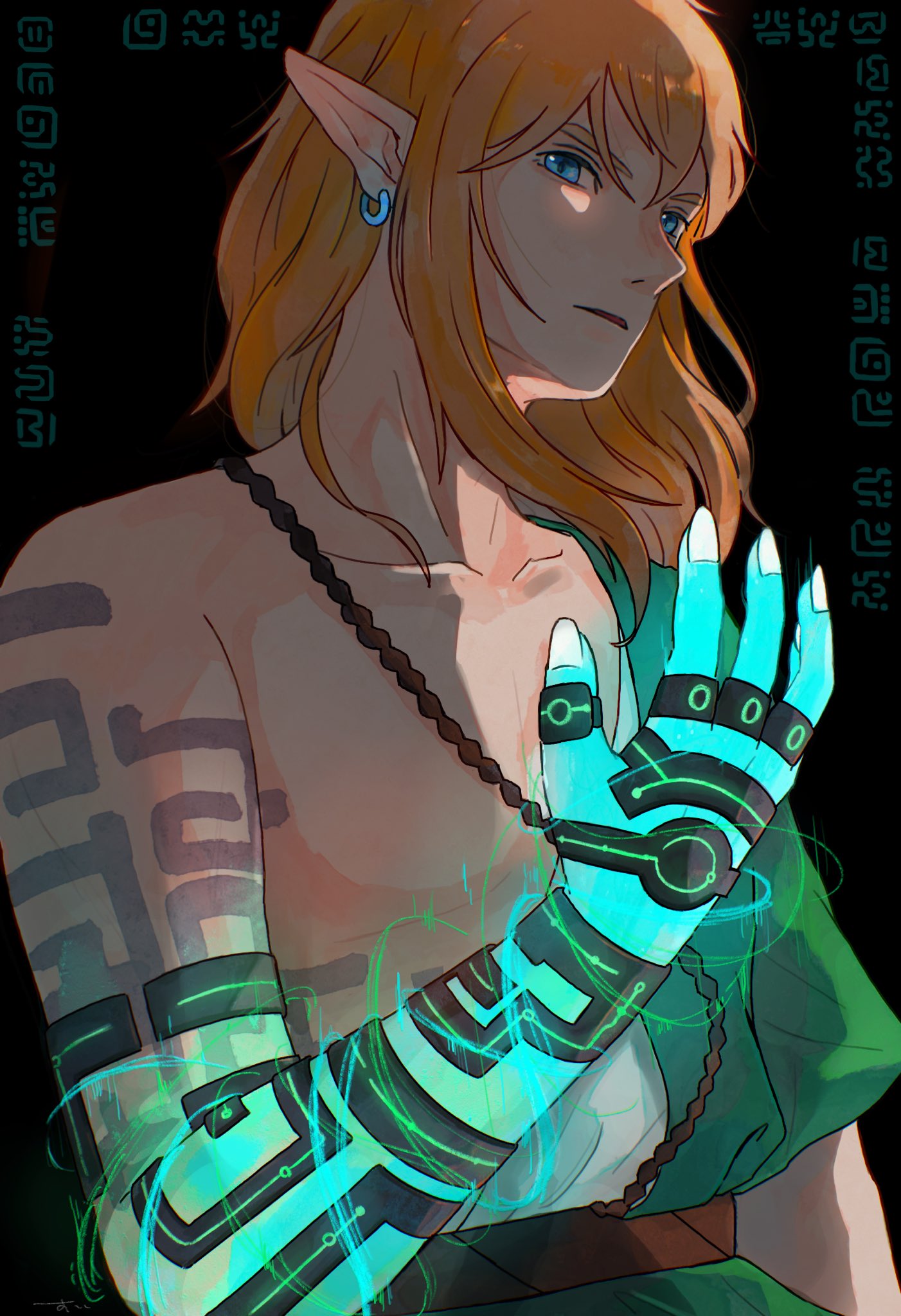 1boy aqua_skin archaic_set_(zelda) arm_tattoo aura bare_shoulders belt black_nails blonde_hair blue_eyes body_markings brown_hair collarbone colored_extremities colored_skin earrings floating_hair glowing glowing_hand green_tunic hand_up highres jewelry link long_hair male_focus multicolored_skin multiple_rings nail_polish no_nipples pointy_ears ring rope short_sleeves so_far_69 solo tattoo the_legend_of_zelda the_legend_of_zelda:_breath_of_the_wild toga upper_body white_nails