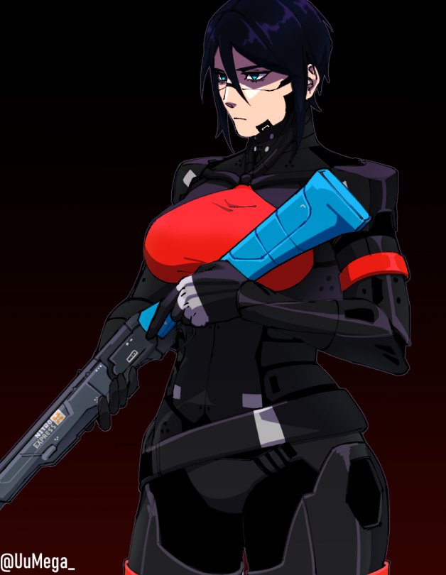 1girl android angry artist_request belt black_hair breasts cyberpunk elster_(signalis) gun joints metal_skin robot_girl robot_joints science_fiction short_hair shotgun signalis solo weapon