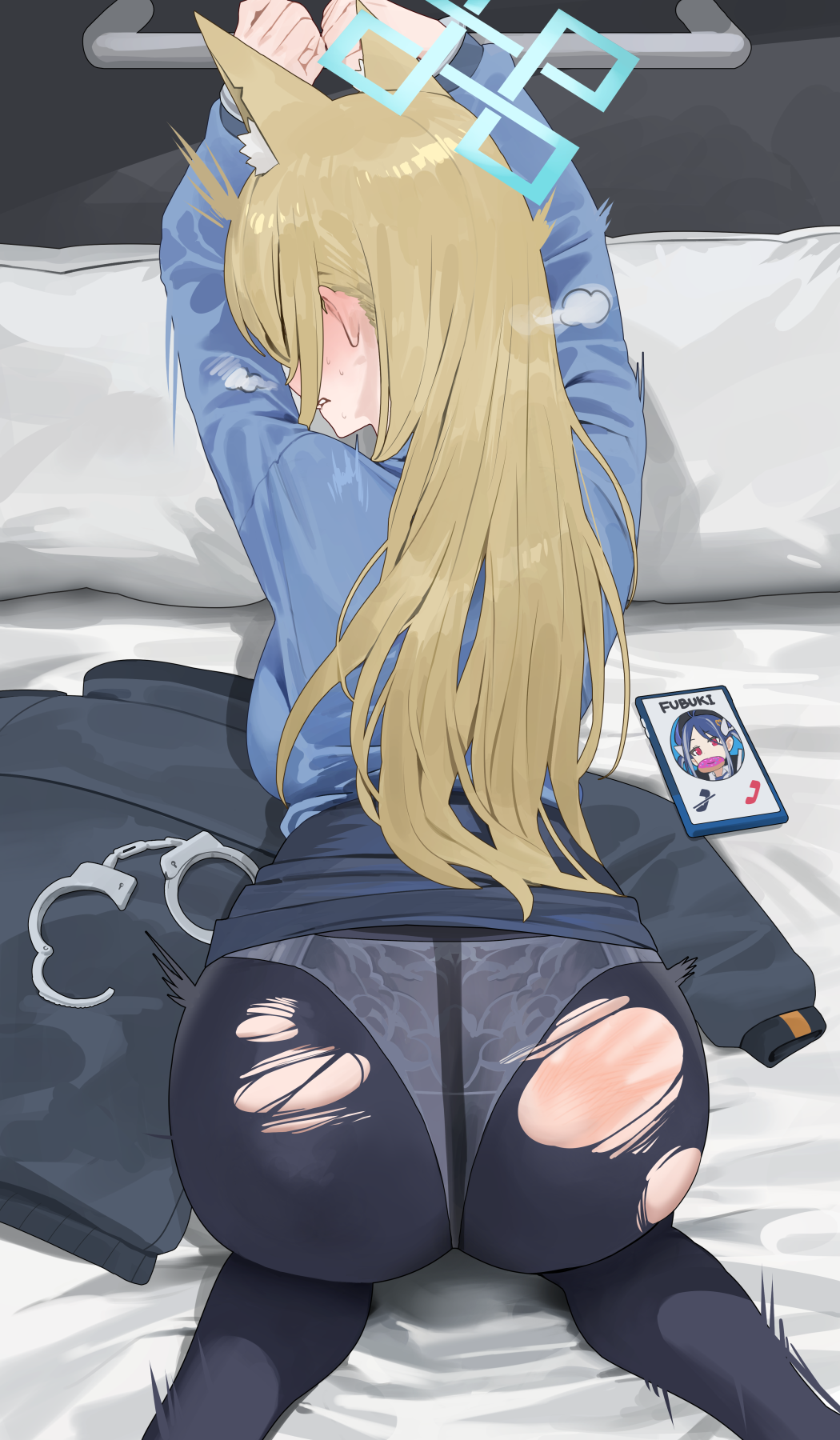 1girl ass black_pantyhose blonde_hair blue_archive blue_shirt blush cellphone cuffs feet_out_of_frame from_behind fubuki_(blue_archive) handcuffs highres hood_(james_x) kanna_(blue_archive) long_hair long_sleeves panties panties_under_pantyhose pantyhose phone shirt slap_mark smartphone solo torn_clothes torn_pantyhose underwear