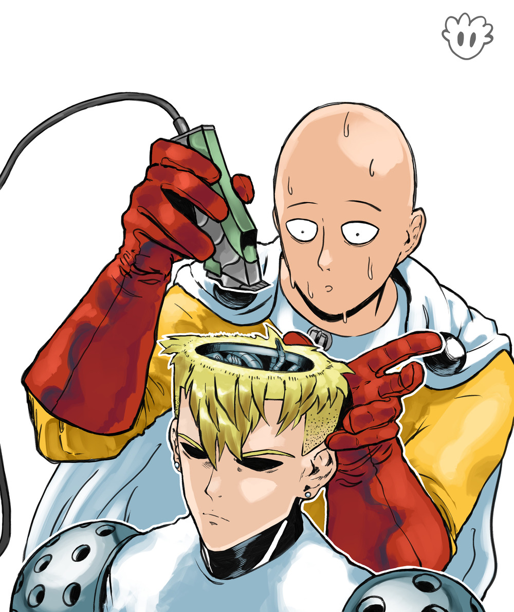 2boys :o bags_under_eyes bald blonde_hair bodysuit cable cape circuit closed_mouth constricted_pupils cutting_hair cyborg devovas earrings electric_razor genos gloves hairdressing jewelry jumpsuit multiple_boys nervous nervous_sweating one-punch_man open_skull red_gloves saitama_(one-punch_man) serious shaded_face shaving short_hair superhero sweat white_cape wide-eyed yellow_bodysuit yellow_jumpsuit you're_doing_it_wrong