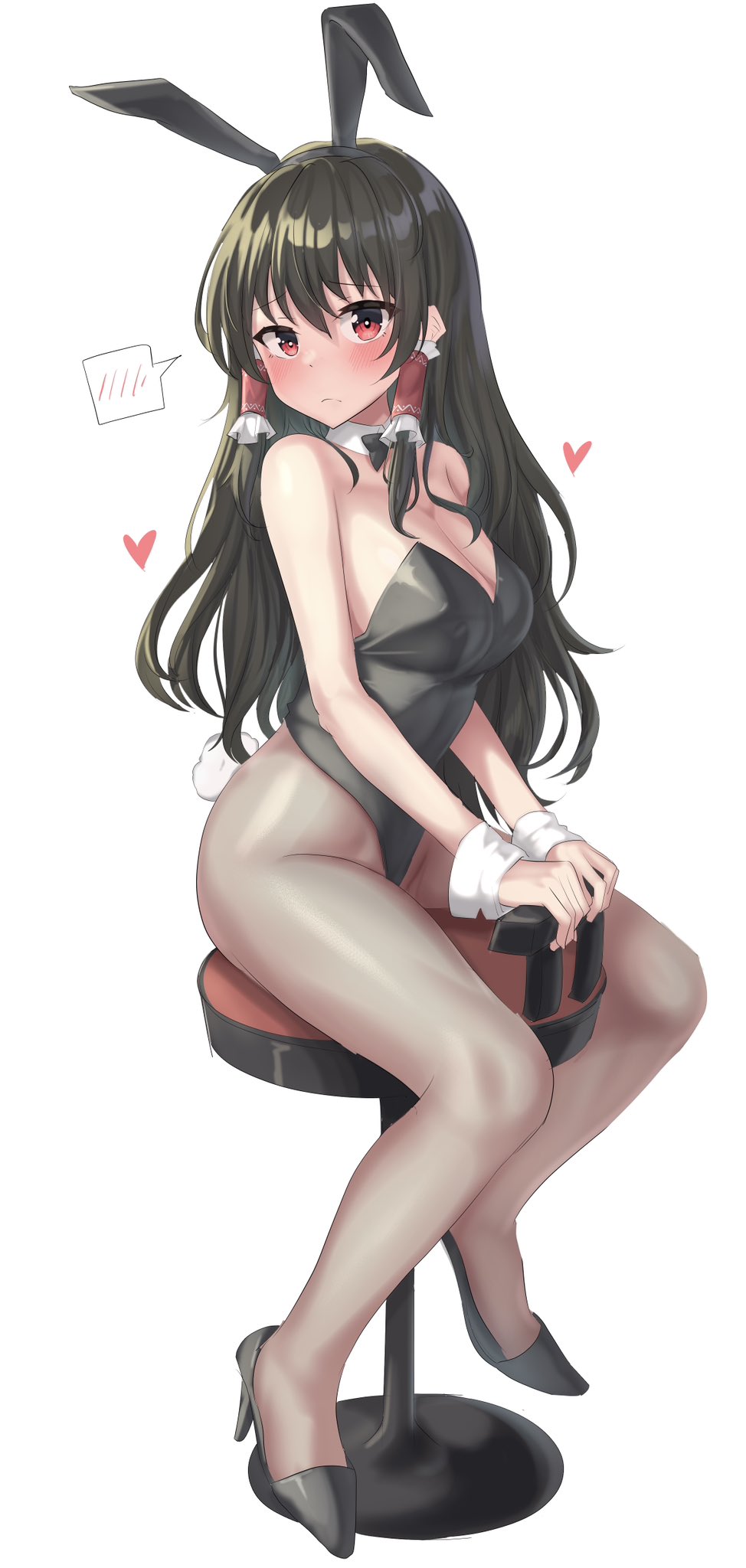 1girl animal_ears black_bow black_bowtie black_footwear black_hair blush bow bowtie breasts cleavage closed_mouth commentary_request detached_collar fake_animal_ears fake_tail frilled_hair_tubes frills frown hair_tubes hakurei_reimu heart high_heels highres long_hair looking_at_viewer pantyhose playboy_bunny rabbit_ears rabbit_tail red_eyes simple_background sitting solo tail touhou white_background wrist_cuffs youmu-kun