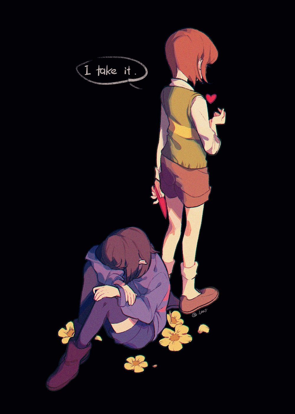 2others artist_name back black_background boots brown_footwear brown_hair brown_shorts chara_(undertale) english_text flower frisk_(undertale) green_vest hand_up heart highres holding holding_knife knife lazy_kun long_sleeves multiple_others petals puffy_long_sleeves puffy_sleeves purple_footwear purple_sweater purple_thighhighs shirt shoes short_hair shorts simple_background single_stripe sitting socks speech_bubble standing striped_clothes striped_sweater striped_vest sweater thighhighs undertale vest white_shirt white_socks yellow_flower