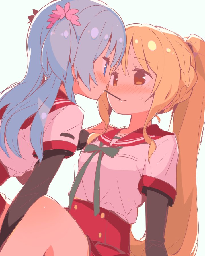 2girls black_sleeves blonde_hair blue_eyes blue_hair blush brown_eyes commentary_request eye_contact face-to-face food food_in_mouth green_ribbon high_ponytail kamihama_university_affiliated_school_uniform layered_sleeves long_hair long_sleeves looking_at_another magia_record:_mahou_shoujo_madoka_magica_gaiden mahou_shoujo_madoka_magica minami_rena mouth_hold multiple_girls neck_ribbon nervous nose_blush pocky pocky_in_mouth pocky_kiss red_sailor_collar red_skirt ribbon sailor_collar school_uniform serafuku shared_food shirt short_over_long_sleeves short_sleeves sidelocks sitting skirt tam-u togame_momoko two_side_up white_shirt yuri