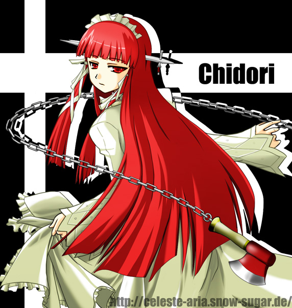 axe character_name cowboy_shot dress from_behind fukakiri_hanebito gothic_lolita lolita_fashion long_hair long_sleeves looking_at_viewer looking_back persona persona_3 red_eyes red_hair solo very_long_hair weapon white_dress yoshino_chidori