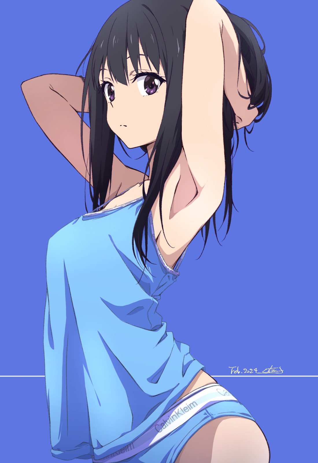 1girl armpits arms_up black_hair blue_background blue_panties blue_shirt brand_name_imitation calvin_klein commentary_request dated expressionless highres inoue_takina looking_at_viewer lycoris_recoil nii_manabu panties purple_eyes shirt sleeveless sleeveless_shirt solo underwear