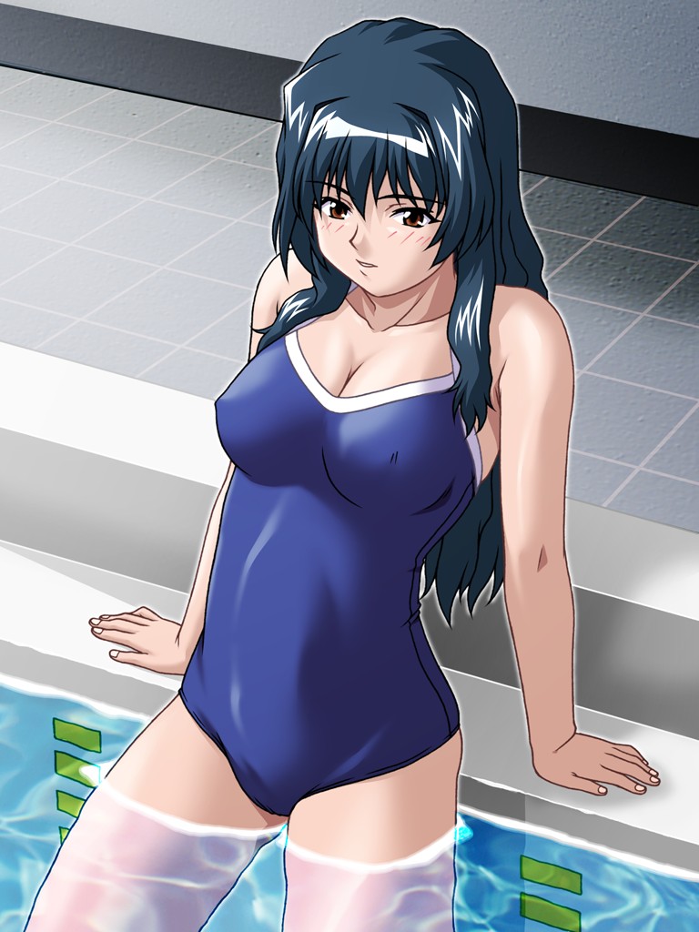 arm_support blue_hair blush breasts brown_eyes caustics cleavage covered_nipples d-ten from_above large_breasts long_hair one-piece_swimsuit onegai_twins oribe_tsubaki parted_lips pool poolside refraction school_swimsuit solo swimsuit wading water