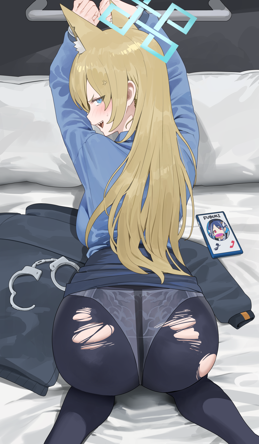 1girl ass black_pantyhose blonde_hair blue_archive blue_shirt blush cellphone cuffs feet_out_of_frame from_behind fubuki_(blue_archive) handcuffs highres hood_(james_x) kanna_(blue_archive) long_hair long_sleeves looking_at_viewer looking_back panties panties_under_pantyhose pantyhose phone shirt smartphone smile solo torn_clothes torn_pantyhose underwear upper_body