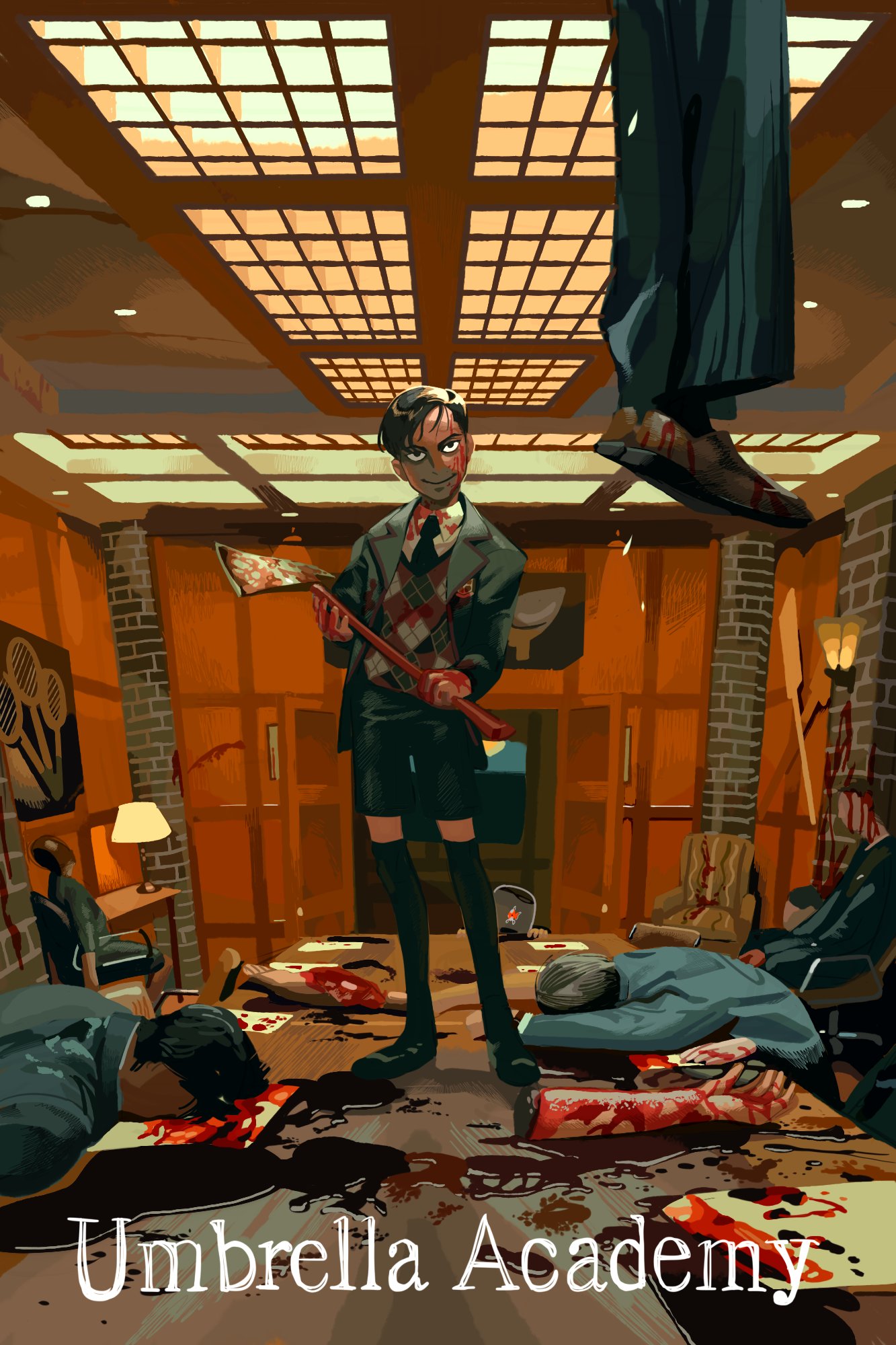 akira_kira argyle_vest axe black_eyes black_footwear black_necktie black_shorts black_socks blazer blood blood_on_clothes blood_on_face blood_on_wall blood_on_weapon board_room character_counter_request closed_mouth collared_shirt commentary_request copyright_name face_down faceless faceless_male fire_axe grey_hair head_tilt highres holding holding_axe indoors jacket long_sleeves long_table looking_at_viewer massacre necktie number_five on_table open_door over-kneehighs paper pool_of_blood red_vest sanpaku scene_reference school_uniform severed_arm severed_limb shirt shoes short_hair shorts smile socks solo_focus standing suit table the_umbrella_academy thighhighs through_ceiling vest weapon white_shirt