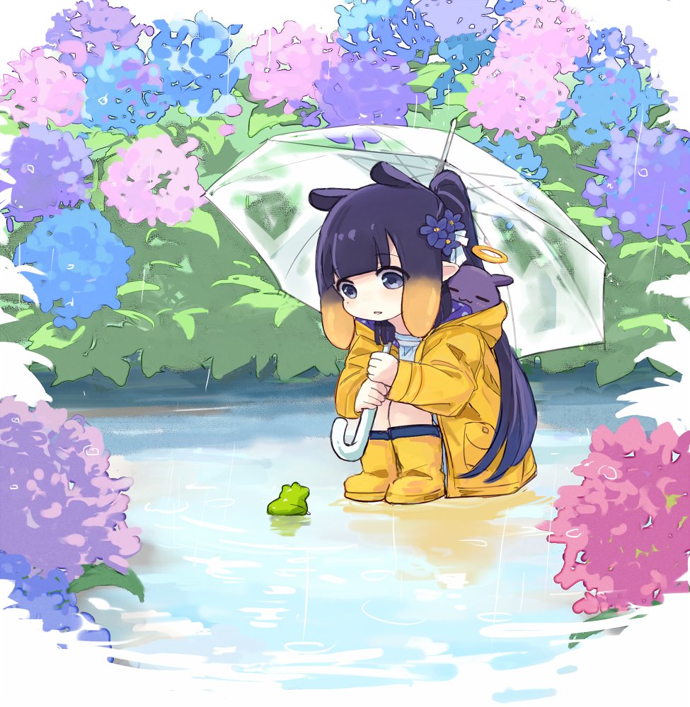 1girl :3 :o blue_flower blunt_bangs blush boots closed_eyes coat commentary dress flower frog gradient_hair hair_flower hair_ornament hair_ribbon halo high_ponytail holding holding_umbrella hololive hololive_english hood hood_basket hood_down hooded_coat hydrangea long_hair long_sleeves looking_down mole mole_under_eye multicolored_hair ninomae_ina'nis official_alternate_costume open_clothes open_coat open_mouth orange_hair pink_flower pocket pointy_ears ponytail puddle purple_eyes purple_flower purple_hair rain raincoat ribbon rubber_boots sidelocks smile solo squatting takodachi_(ninomae_ina'nis) tentacle_hair transparent transparent_umbrella umbrella very_long_hair violet_(flower) violet_(ninomae_ina'nis) virtual_youtuber water white_dress white_ribbon yellow_coat yellow_footwear yellow_raincoat yuuyu_(777)
