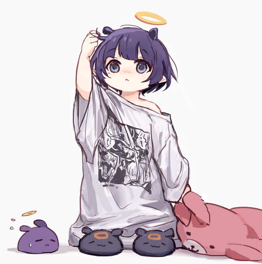 1girl :&lt; :o aged_down arm_up black_footwear blunt_bangs blush child closed_mouth commentary flying_sweatdrops hair_between_eyes halo holding holding_stuffed_toy hololive hololive_english looking_at_viewer mole mole_under_eye ninomae_ina'nis ninomae_ina'nis_(5th_costume) official_alternate_costume open_mouth oversized_clothes oversized_shirt pointy_ears print_shirt purple_eyes purple_hair shirt short_hair short_sleeves sidelocks simple_background slippers solo standing stuffed_animal stuffed_toy sweatdrop symbol-only_commentary t-shirt takodachi_(ninomae_ina'nis) teddy_bear virtual_youtuber white_background white_shirt yuuyu_(777)