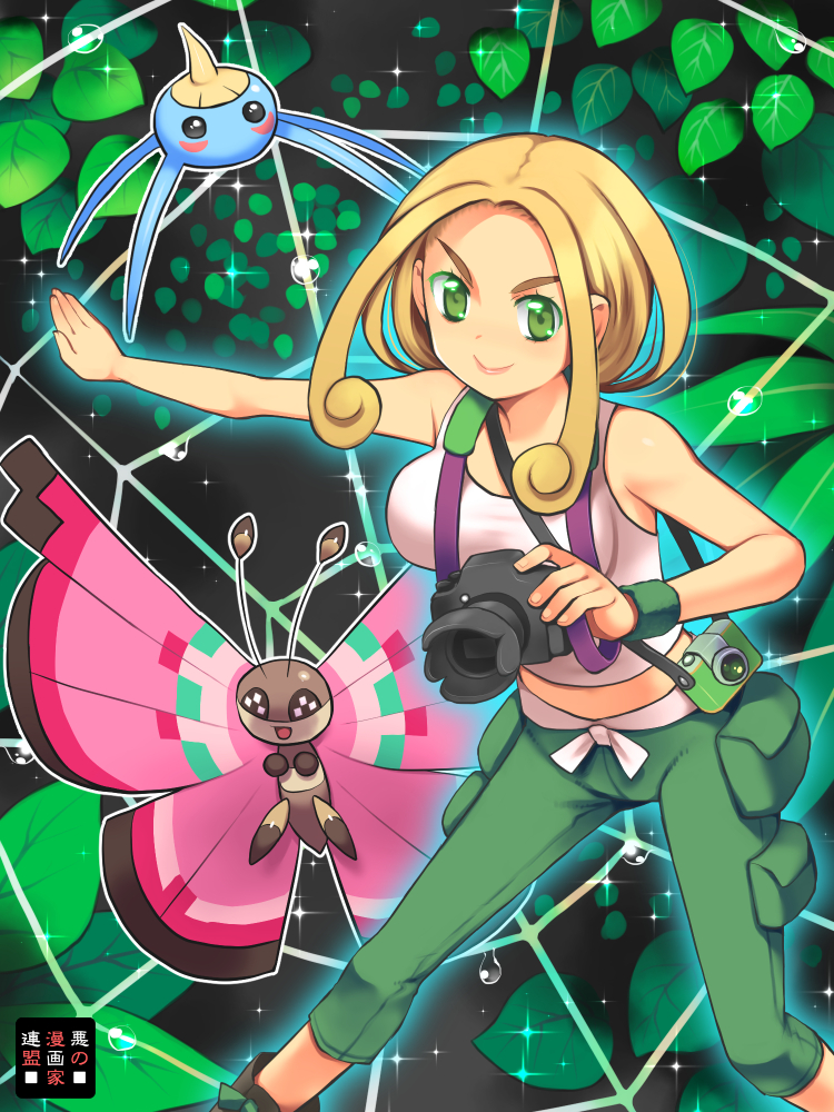 1girl bare_arms bare_shoulders blonde_hair breasts bug butterfly camera capri_pants green_eyes green_pants green_wristband holding holding_camera kurarin large_breasts midriff pants pokemon pokemon_(creature) pokemon_xy shirt short_hair silk sleeveless sleeveless_shirt spider_web surskit tank_top viola_(pokemon) vivillon white_shirt