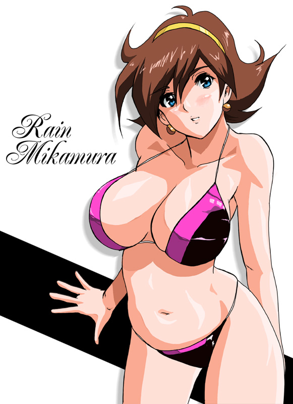 adapted_costume arms_behind_back bangs bikini blue_eyes breasts brown_hair character_name cleavage earrings g_gundam grin gundam hair_between_eyes hairband jewelry large_breasts looking_at_viewer navel rain_mikamura shadow shiny shiny_skin short_hair shu-z simple_background smile solo standing swimsuit white_background