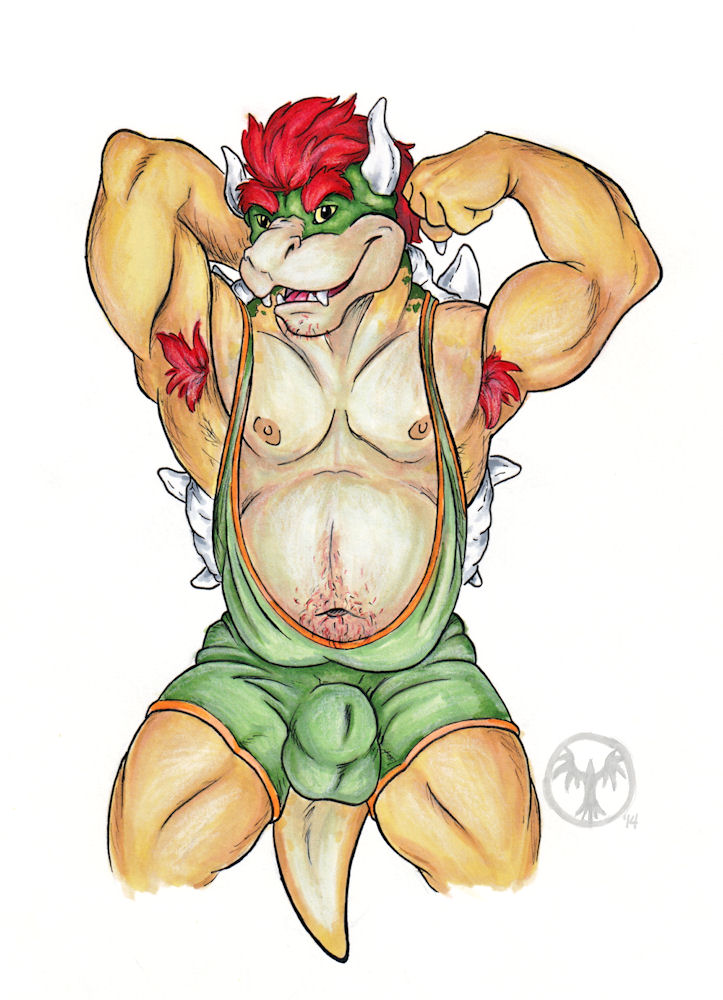 2014 anthro armpit_hair balls_outline belly_hair biceps body_hair bowser bulge flexing flexing_bicep genital_outline hair hand_behind_head horn koopa looking_at_viewer male manly mario_bros musclegut muscular navel neverwolf nintendo nipples pecs red_hair scalie sheath_outline simple_background solo standing stubble triceps white_background wrestling_singlet