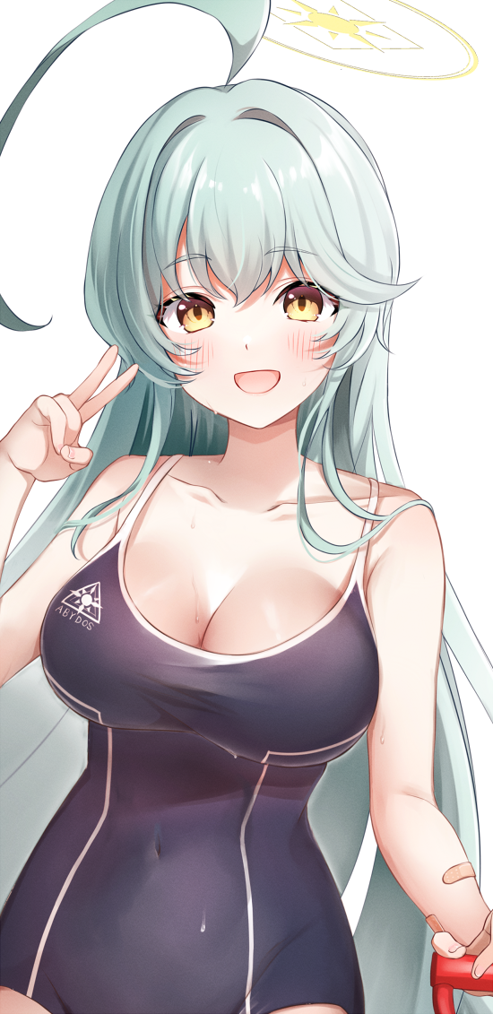 1girl abydos_high_school_swimsuit ahoge bare_arms bare_shoulders black_one-piece_swimsuit blue_archive blush breasts cleavage collarbone covered_navel green_hair halo huge_ahoge large_breasts long_hair looking_at_viewer mashiro_aa one-piece_swimsuit open_mouth school_uniform simple_background solo swimsuit white_background yellow_eyes yellow_halo yume_(blue_archive)