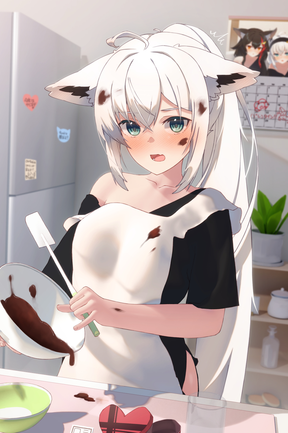1girl ahoge alternate_costume animal_ear_fluff animal_ears apron aqua_eyes black_shirt blush bowl box calendar_(object) cameo chocolate chocolate_making chocolate_on_clothes chocolate_on_face collarbone commentary_request ears_down fang food food_on_face fox_ears fox_girl hair_between_eyes heart-shaped_box high_ponytail highres holding holding_bowl holding_spatula hololive kitchen long_hair looking_at_viewer ookami_mio open_mouth plant potted_plant refrigerator shirai_yu shirakami_fubuki shirt sidelocks single_bare_shoulder skin_fang solo spatula strap_slip table valentine very_long_hair virtual_youtuber white_apron