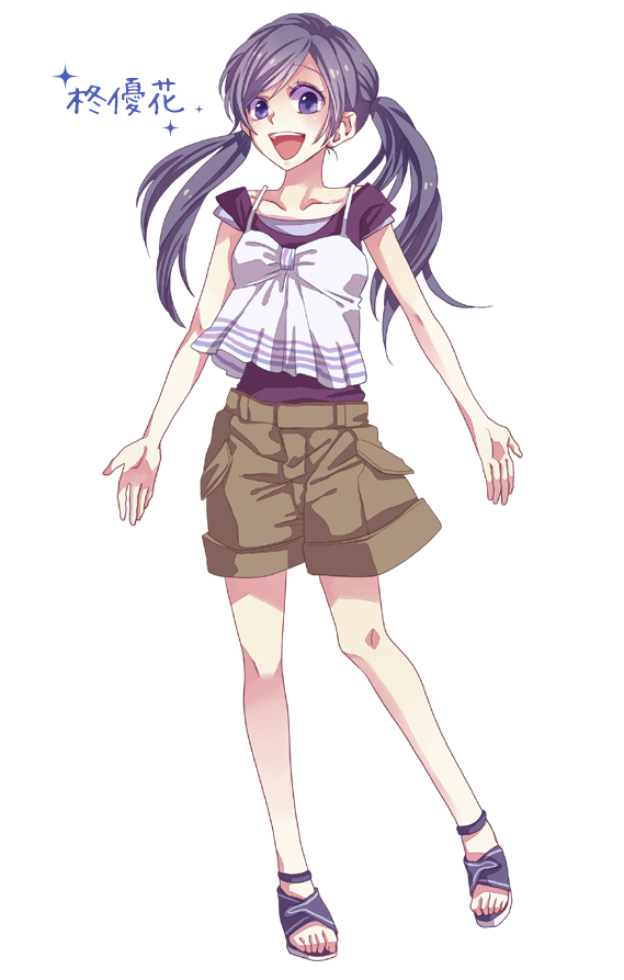 1girl :d brown_shorts character_name eyelashes full_body hiiragi_yuka_(niconico) indie_utaite layered_clothes lone_nape_hair long_hair open_hands open_mouth purple_eyes purple_hair purple_shirt sandals shirt short_sleeves shorts simple_background sleeveless sleeveless_shirt smile solo spaghetti_strap sparkle swept_bangs tachi-e teeth twintails upper_teeth_only utaite white_background white_shirt yamako_(state_of_children)