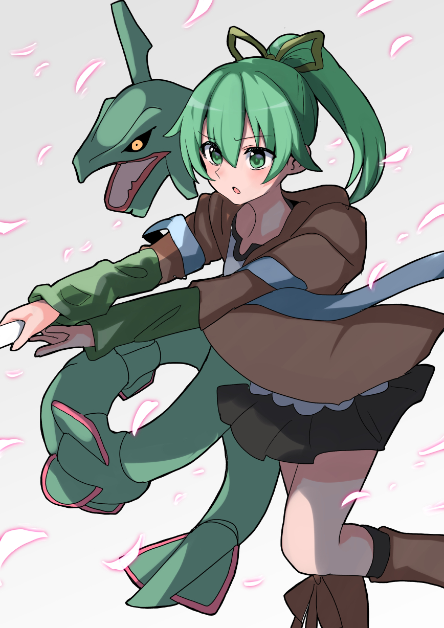 1girl arm_warmers black_skirt breasts collarbone crossover duel_monster familiar-possessed_-_wynn green_eyes green_hair hair_ribbon highres holding holding_staff long_hair nanagi_(pixiv12776910) open_mouth pleated_skirt pokemon pokemon_(creature) ponytail rayquaza ribbon shirt skirt staff white_shirt wynn_(yu-gi-oh!) yu-gi-oh!