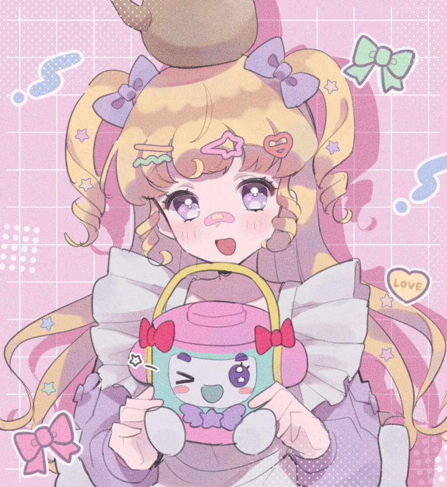 1girl :d apron bandaid bandaid_on_face bandaid_on_nose blonde_hair blush bow decora green_bow hair_bow hair_ornament hairclip heart holding holding_rice_cooker hoshikuzu_(pinkholic) idol_time_pripara long_hair long_sleeves looking_at_viewer one_eye_closed open_mouth pink_bow pretty_series pripara purple_eyes rice_cooker ringlets smile solo star_(symbol) star_hair_ornament takki_(pripara) teapot two_side_up upper_body white_apron yumekawa_yui