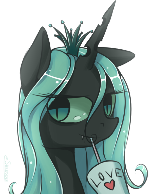 changeling crown drinking english_text eshredder fangs female friendship_is_magic hair long_hair looking_at_viewer love my_little_pony queen queen_chrysalis_(mlp) royalty slit_pupils smile smirk solo text