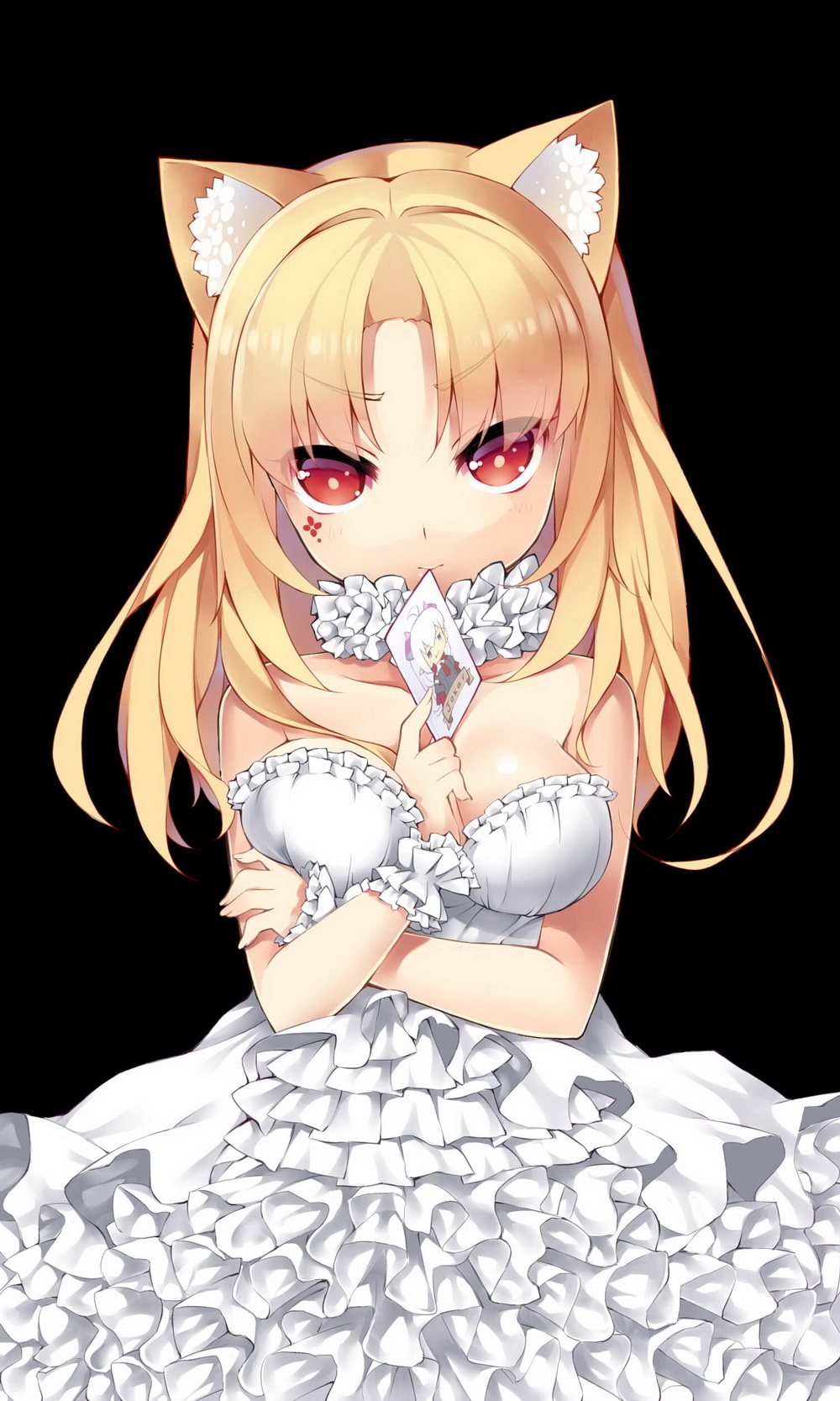 3: animal_ears bare_shoulders between_breasts black_background blonde_hair breasts card cat_ears crossed_arms dress frilled_dress frills gathers highres long_hair medium_breasts pixiv_fantasia pixiv_fantasia_new_world red_eyes saru simple_background solo tattoo too_many too_many_frills vivi_(saru) white_dress wrist_cuffs