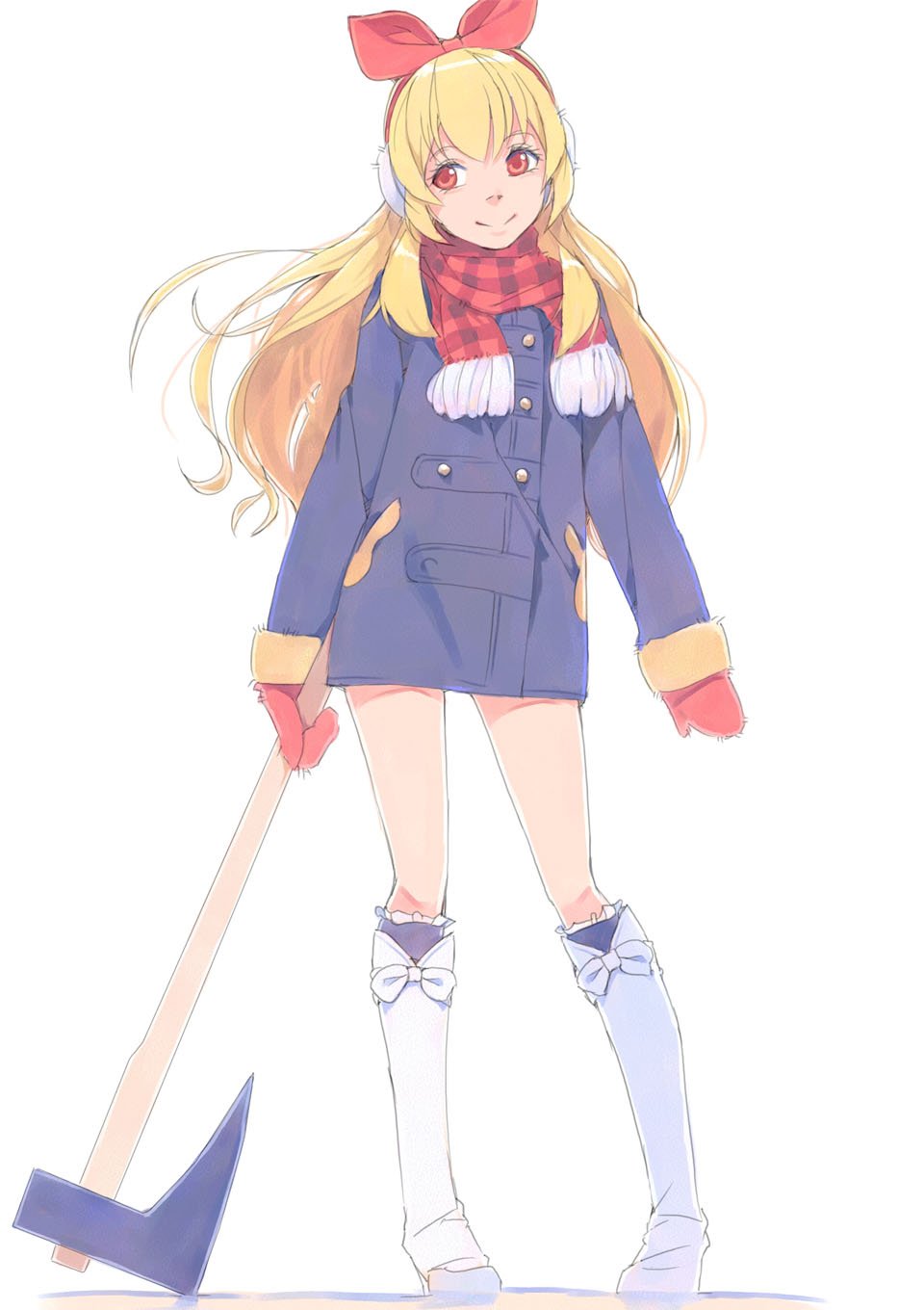 1girl aikatsu! aikatsu!_(series) akinbo_(hyouka_fuyou) axe blonde_hair blue_coat boots bow coat contrapposto full_body gloves hair_bow hairband highres holding holding_axe hoshimiya_ichigo long_hair looking_to_the_side mittens red_bow red_eyes red_gloves red_hairband red_scarf scarf simple_background solo standing very_long_hair white_background white_footwear winter_clothes winter_coat