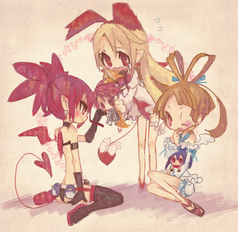 3girls angel_wings antenna_hair bare_legs belt blue_hair bow bracelet brown_hair capelet choker demon_tail demon_wings disgaea disgaea_d2 earrings etna flonne flonne_(fallen_angel) jewelry kazamine_(stecca) laharl long_sleeves multiple_boys multiple_girls one_eye_closed open_mouth pointy_ears prinny red_eyes red_hair scarf short_hair sicily_(disgaea) skull smile tail tail_bow twintails white_bloomers wings xenolith