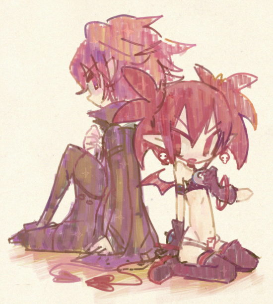 1girl brother_and_sister choker demon_tail demon_wings disgaea disgaea_d2 earrings etna jewelry kazamine_(stecca) long_sleeves open_mouth pointy_ears red_eyes red_hair scarf short_hair siblings sitting skull tail twintails wings xenolith