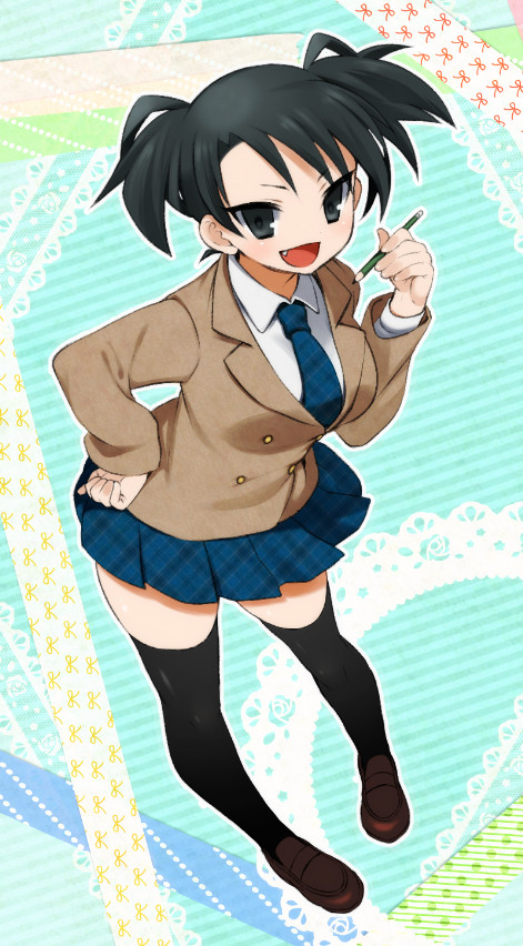 :d agemono black_eyes black_hair black_legwear blush fang hand_on_hip loafers looking_at_viewer necktie open_mouth original pencil school_uniform shoes short_hair short_twintails skirt smile solo thighhighs twintails zettai_ryouiki