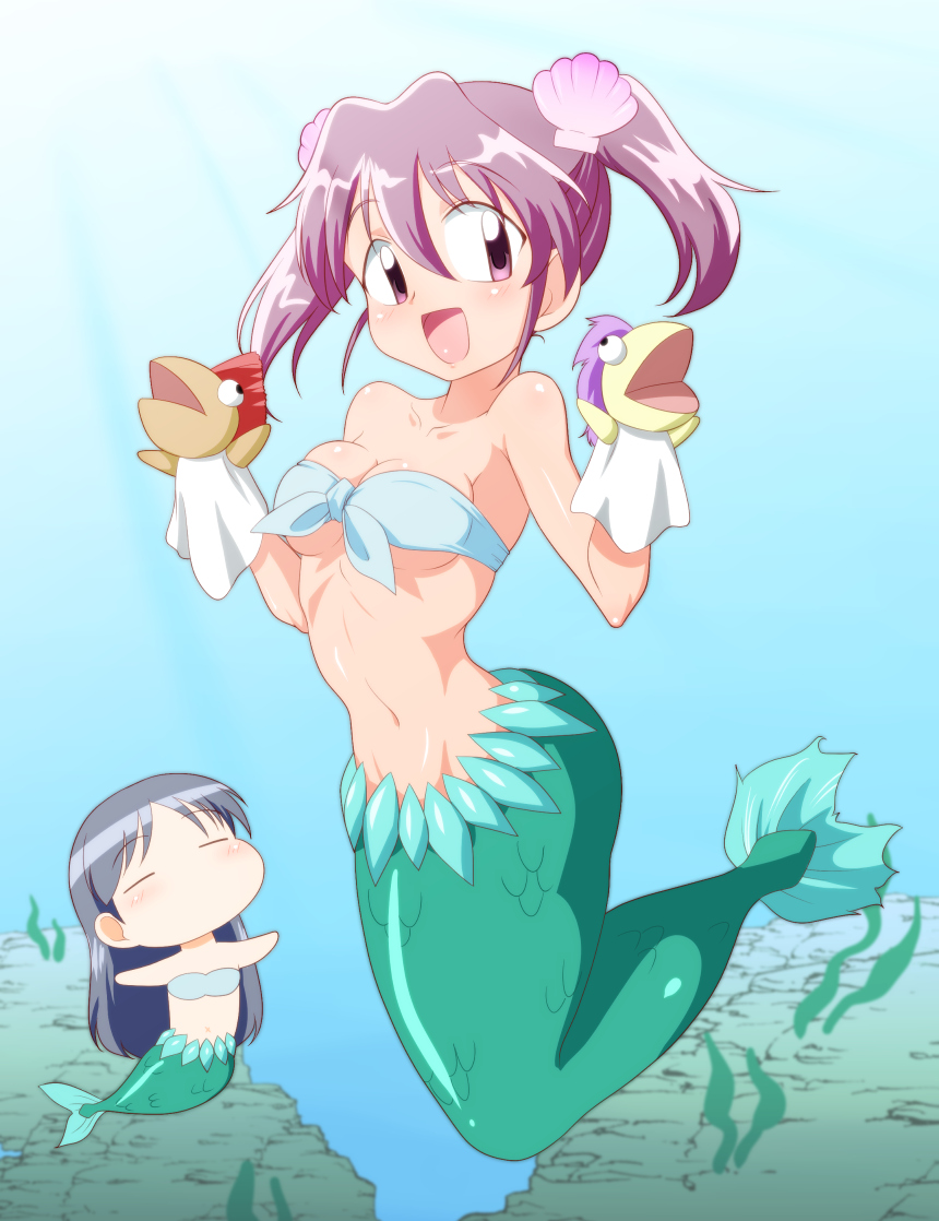 :d asou_natsumi bad_id bad_pixiv_id bandeau breasts chibi crossover front-tie_top hand_puppet hii-chan ichigaso_(muhyou_joudai) kajiwara_sora large_breasts mermaid midriff monster_girl multiple_girls namiuchigiwa_no_muromi-san open_mouth pink_eyes pink_hair puppet scales seashell shell sketchbook_full_colors skindentation smile twintails