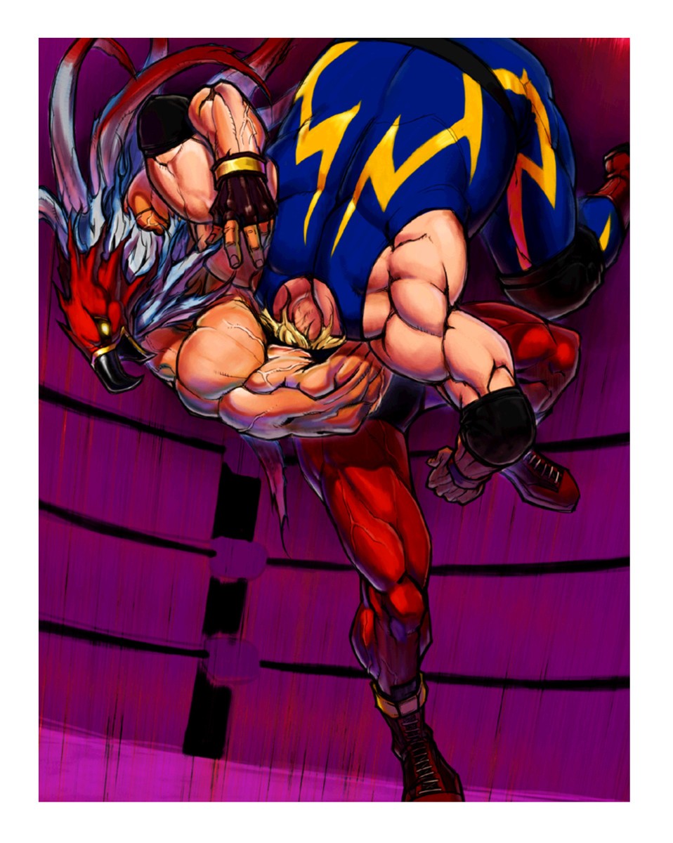 boots company_connection crossover fat fat_man fatal_fury griffon_mask highres hiroaki_(kof) male_focus mark_of_the_wolves mask multiple_boys muscle official_art raiden_(snk) snk spandex the_king_of_fighters upside-down wrestling wrestling_outfit wrestling_ring