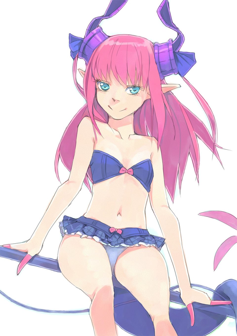 1girl akinbo_(hyouka_fuyou) bikini bikini_skirt blue_bikini blue_eyes breasts cleavage collarbone elizabeth_bathory_(fate) elizabeth_bathory_(fate)_(all) fate/grand_order fate_(series) floating_hair highres horns long_hair looking_at_viewer navel pink_hair pointy_ears shiny shiny_hair simple_background sitting small_breasts smile solo strapless strapless_bikini swimsuit white_background