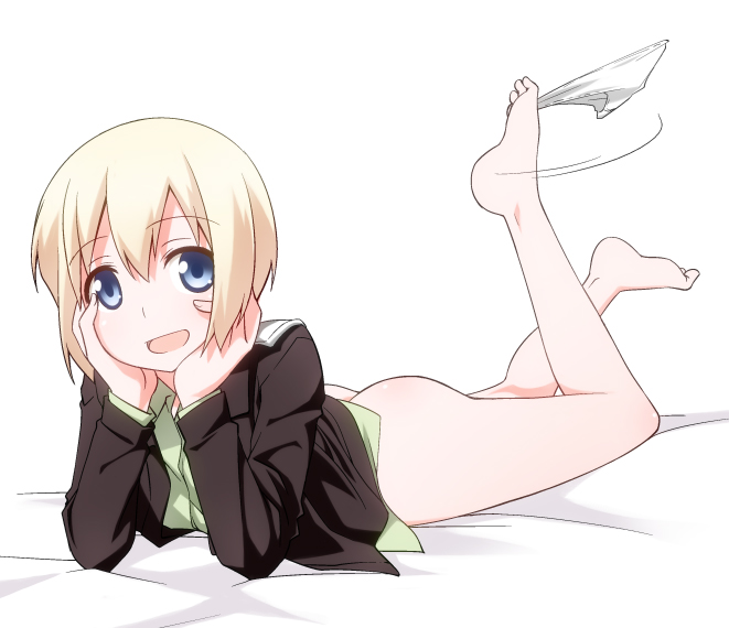 :d ass barefoot blonde_hair blue_eyes bottomless erica_hartmann looking_at_viewer lying on_stomach open_mouth panties panties_around_toe panties_removed short_hair smile solo strike_witches toes umekichi underwear white_panties world_witches_series